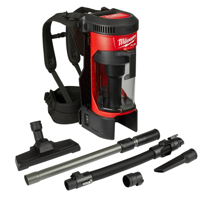Milwaukee M18 Fuel 3-in-1 cordless backpack vacuum with detachable canister.
