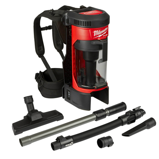 Milwaukee M18 Fuel 3-in-1 cordless backpack vacuum with detachable canister.
