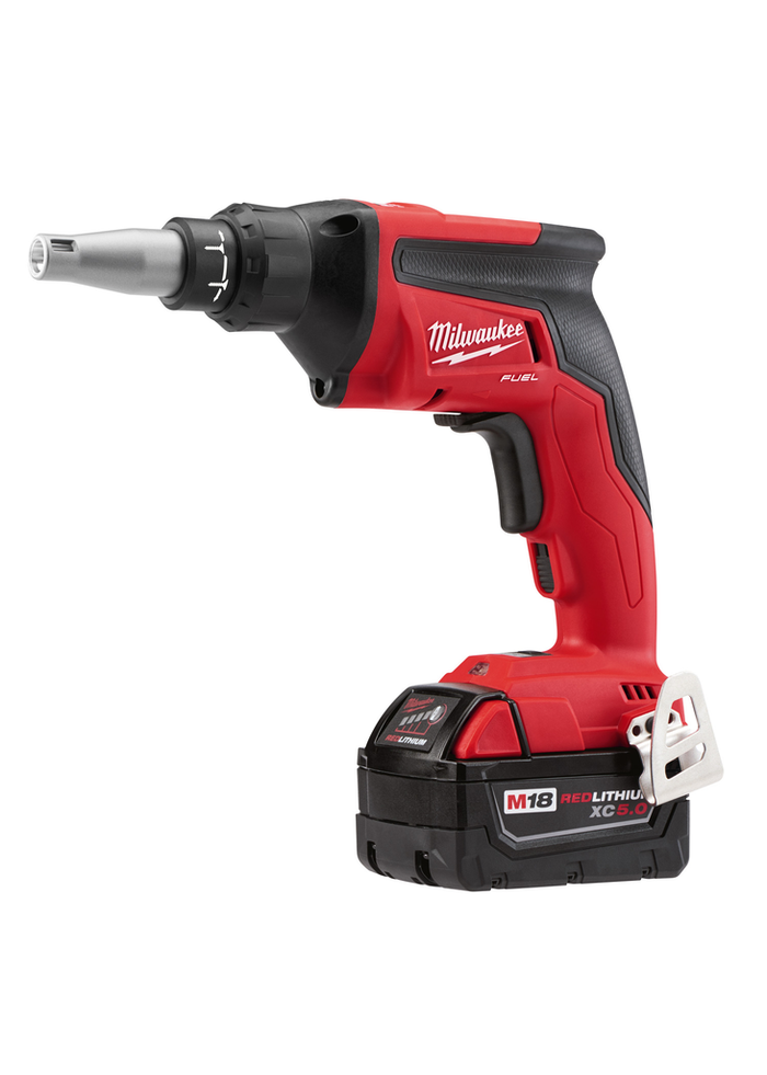 Cordless Milwaukee drywall screw gun installing screws into drywall panels