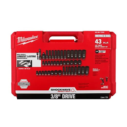 Milwaukee Shockwave Impact Duty 3/8" Drive SAE and Metric Deep 6 Point Socket Set 43Pc
