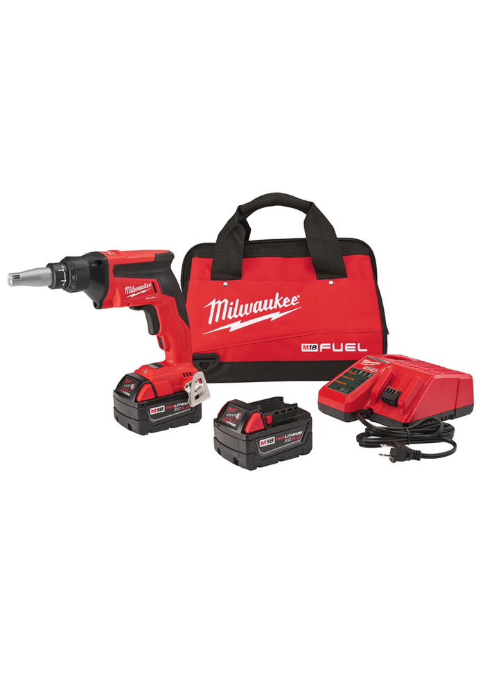 Milwaukee M18 FUEL drywall screw gun kit with battery, charger, and carrying case