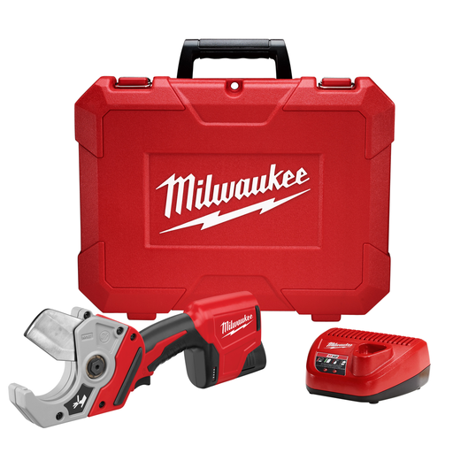 Milwaukee M12 cordless PVC shear kit with Lithium-Ion battery.