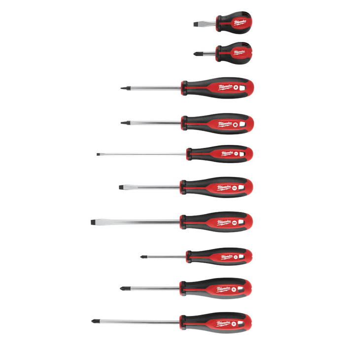 milwaukee 10 piece screwdriver set with magnetic tip and high-leverage handle in tray