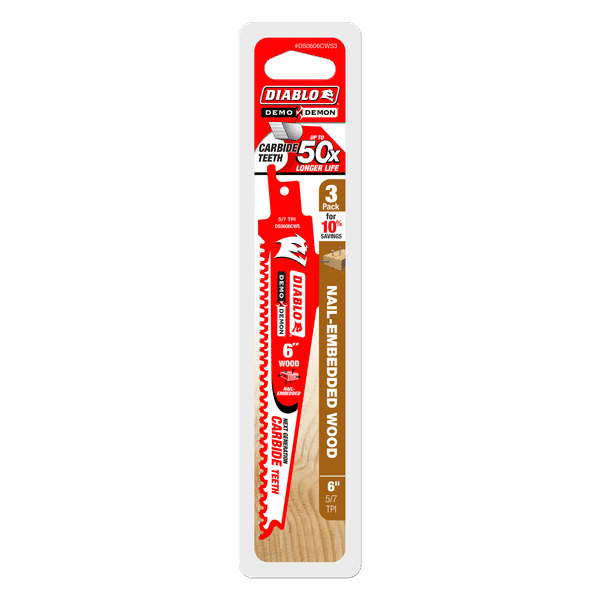 Diablo 6" x 5/7-TPI Demo Demon Carbide Teeth Reciprocating Saw Blades for Nail-Embedded Wood - 3/Pack