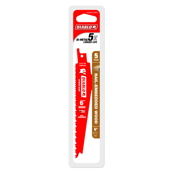 Diablo 6" x 6/12-TPI Bi-Metal Reciprocating Saw Blades for Nail-Embedded Wood - 5/Pack