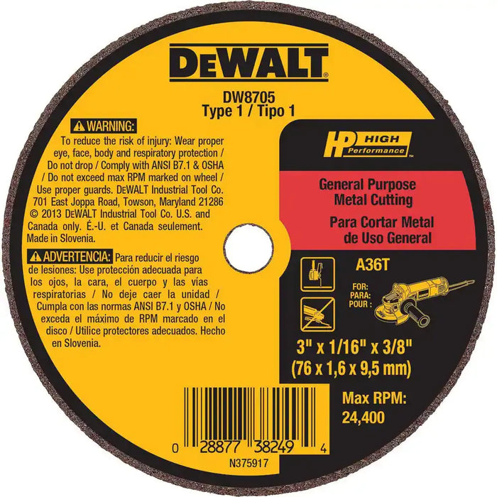 DeWalt 3" x 1/16" x 3/8" A36T Fast Cutting Wheel - 50 Quantity