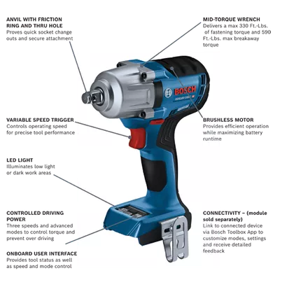 Bosch 18V Brushless 1/2" Mid-Torque Impact Wrench with Friction Ring, (Bare Tool)