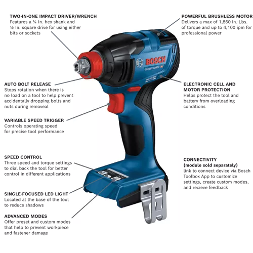 Bosch 18V Cordless 1/4" x 1/2" Bit Socket Impact Driver Wrench, (Bare Tool)