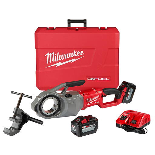  Milwaukee M18 Fuel Pipe Threader Kit with cordless threading tool and accessories.