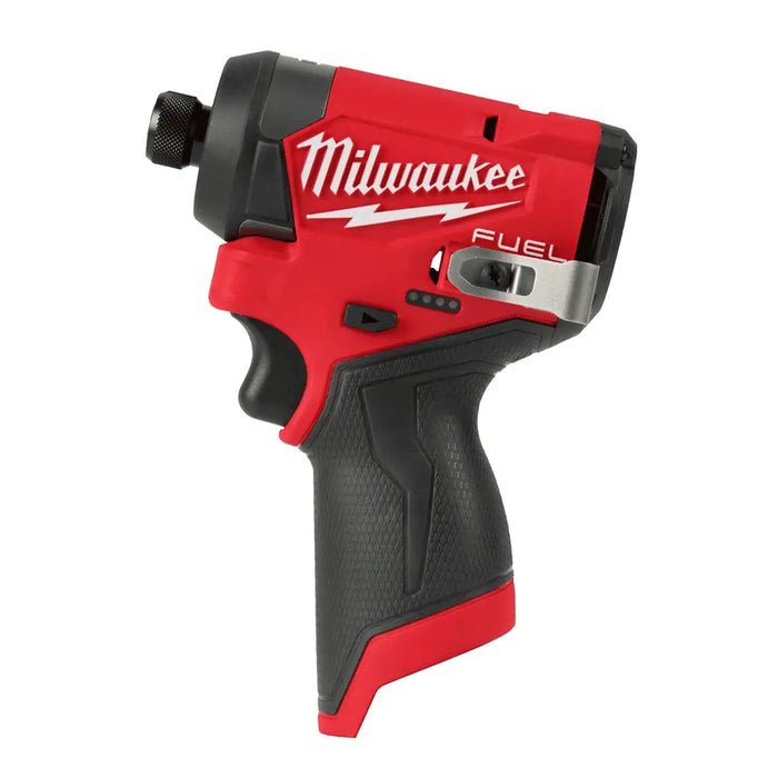 Milwaukee M12 FUEL 1/4" hex impact driver for fastening applications.
